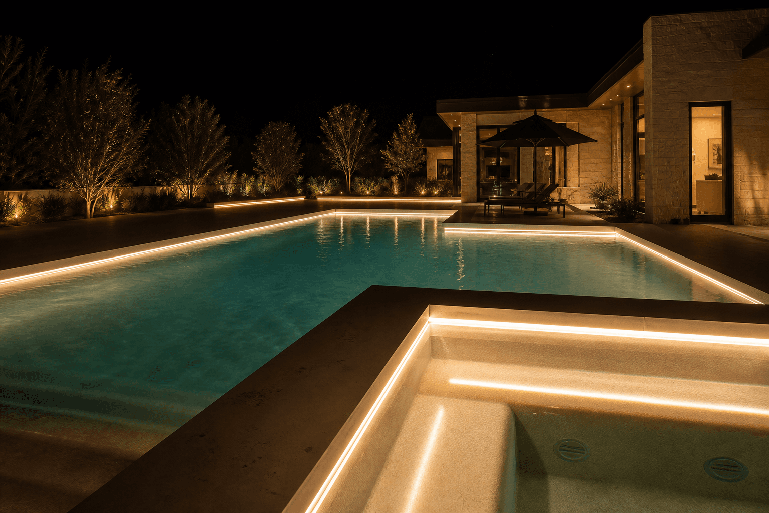 Premium LED strip lighting integrated into a luxury swimming pool at night